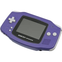 a purple nintendo gameboy advance is shown on a white background